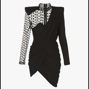 Balmain Asymmetric Draped Black Jersey Swiss Dot Dress